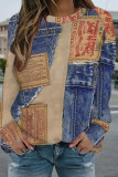 Deep Blue Casual Street Faux Denim Print Contrast O Neck Tops