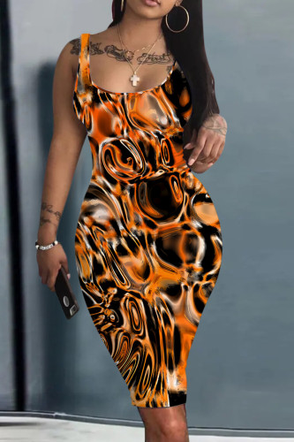 Orange Black Abstract Print Sleeveless U Neck Bodycon Midi Dress Party Casual Wear Slim Fit Pencil Tank Dress
