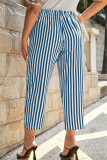 Turquoise Casual Stripe Draw String Patchwork Plus Size 