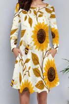 Yellow Casual Print Pocket Patchwork O Neck A Line Dresses