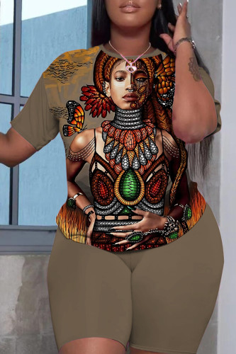 Camel Bold Artistic Face Print Graphic Tee and Shorts Casual Street Crew Neck Short Sleeve Relaxed Fit Plus Size Two Piece Short Set