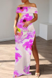 Deep Pink Casual Floral Print Patchwork Slit Off Shoulder Long Dresses