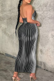 Black Sexy Stripe Patchwork Backless Strapless One Step Skirt Dresses