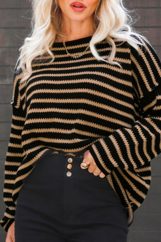Black Brown Casual Stripe Patchwork Oblique Collar Tops