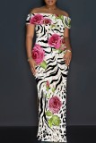 Deep Pink Casual Floral Print Patchwork Slit Off Shoulder Long Dresses
