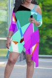Apricot Geometric Print Cold Shoulder Asymmetrical T Shirt and Shorts Vibrant   Summer Casual Half Sleeve Plus Size Two Piece Short Set