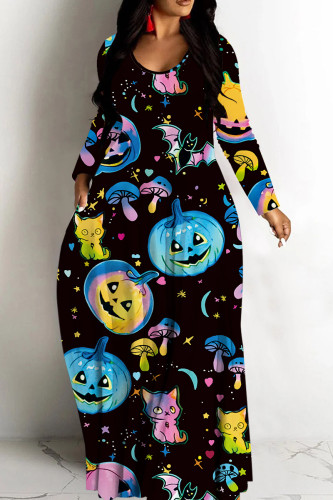 Blue Black Casual Print Basic V Neck Long Dresses