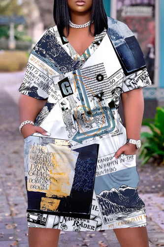 Blue White Casual Print Basic V Neck Short Sleeve Plus Size Dresses