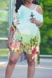 Apricot Geometric Print Cold Shoulder Asymmetrical T Shirt and Shorts Vibrant   Summer Casual Half Sleeve Plus Size Two Piece Short Set