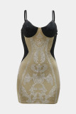 Apricot Sexy Hot Drilling Patchwork Backless Contrast Spaghetti Strap Wrapped Skirt Dresses