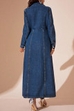 Deep Blue Casual Solid Color Buckle Turndown Collar Long Sleeve Regular Denim Dresses