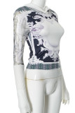 White Casual Print Patchwork Hooded Tops