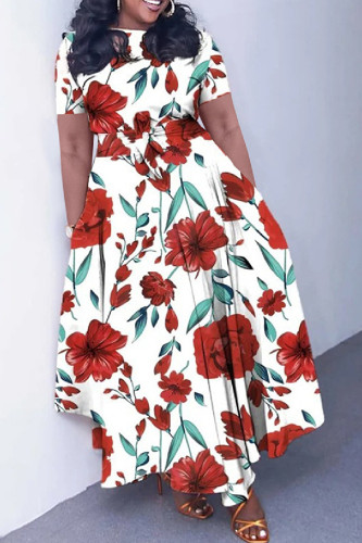 White Red Casual Print Patchwork O Neck Short Sleeve Dresses