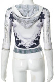 White Casual Print Patchwork Hooded Tops