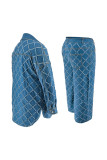 Blue Casual Plaid Buckle Patchwork Zipper Turndown Collar Plus Size Two Pieces