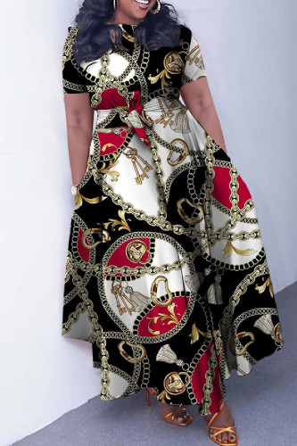 Black Gold Casual Print Patchwork O Neck Short Sleeve Dresses
