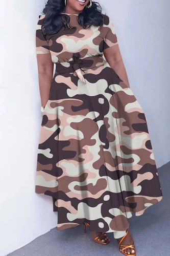 Pink Brown Casual Print Patchwork O Neck Short Sleeve Dresses