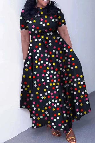 Black Casual Print Patchwork O Neck Short Sleeve Dresses