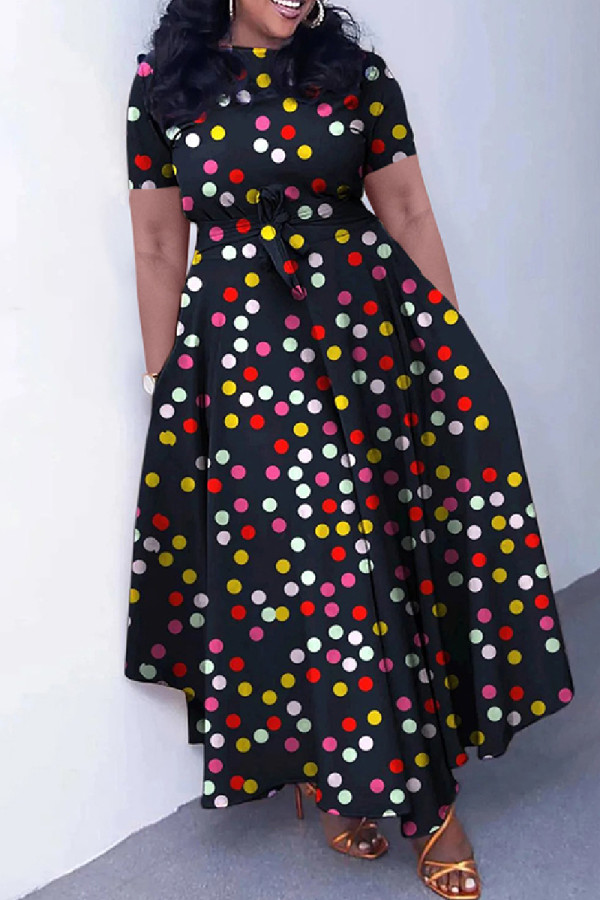 Black Casual Print Patchwork O Neck Short Sleeve Dresses