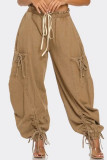 Blue Street Solid Color Draw String Pocket Patchwork Strap Design High Waist Loose Denim Jeans