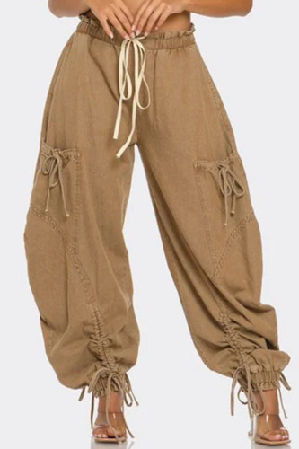 Khaki Street Solid Color Draw String Pocket Patchwork Strap Design High Waist Loose Denim Jeans