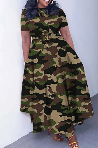 Army Green Casual Print Patchwork O Neck Short Sleeve Dresses