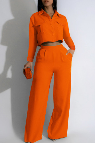 Tangerine Red Casual Solid Color Pocket Buckle Patchwork Turndown Collar Long Sleeve Two Pieces