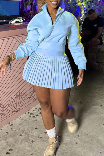 Sky Blue Street Solid Color Patchwork Zipper Pleated Zipper Collar Long Sleeve Two Pieces