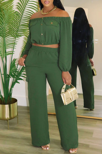 Green Casual Solid Color Basic Off Shoulder Long Sleeve Two Pieces