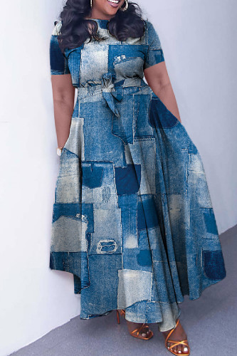 Blue Casual Print Patchwork O Neck Short Sleeve Dresses