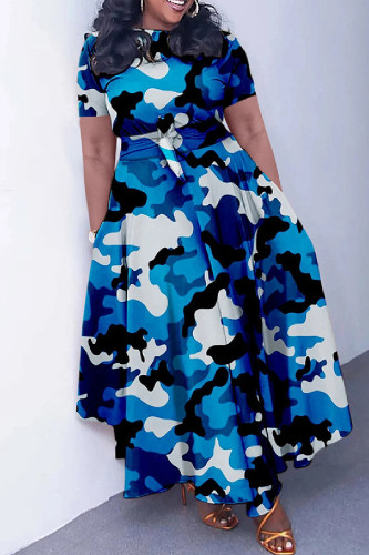 Blue Black Casual Print Patchwork O Neck Short Sleeve Dresses