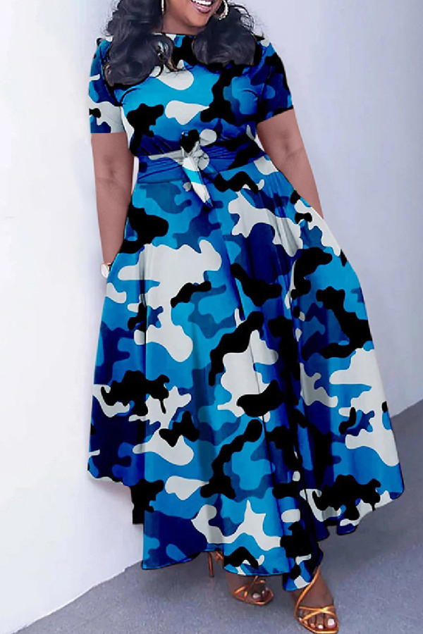 Blue Black Casual Print Patchwork O Neck Short Sleeve Dresses