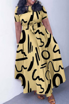 Khaki Casual Print Patchwork O Neck Short Sleeve Dresses