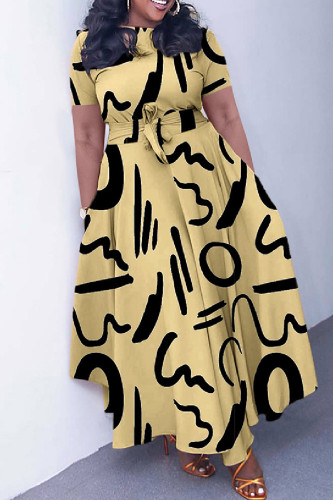 Khaki Casual Print Patchwork O Neck Short Sleeve Dresses