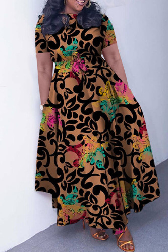 Brown Casual Print Patchwork O Neck Short Sleeve Dresses