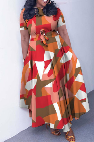Orange Red Casual Print Patchwork O Neck Short Sleeve Dresses