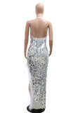 Green Sexy Patchwork Sequins Feathers Backless Slit Halter Long Dresses