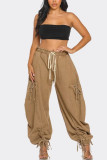 Blue Street Solid Color Draw String Pocket Patchwork Strap Design High Waist Loose Denim Jeans