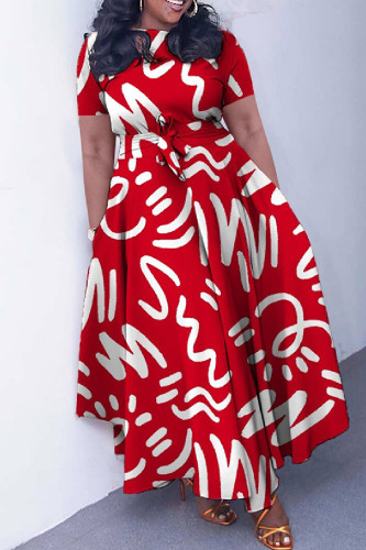 Red Casual Print Patchwork O Neck Short Sleeve Dresses