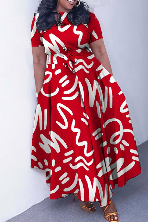 Red Casual Print Patchwork O Neck Short Sleeve Dresses