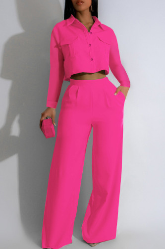Rose Red Casual Solid Color Pocket Buckle Patchwork Turndown Collar Long Sleeve Two Pieces