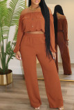 Orange Casual Solid Color Basic Off Shoulder Long Sleeve Two Pieces