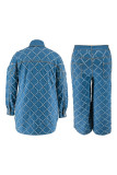 Blue Casual Plaid Buckle Patchwork Zipper Turndown Collar Plus Size Two Pieces