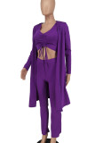 Yellow Casual Solid Color Draw String Patchwork V Neck Long Sleeve Three Pieces