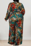 Purple Casual Print Patchwork V Neck Plus Size Jumpsuits