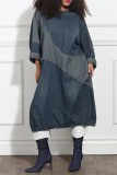 Blue Casual Patchwork Contrast O Neck Long Sleeve Loose Denim Dresses