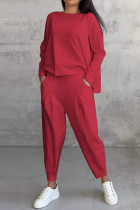 Red Casual Solid Color Pocket O Neck Long Sleeve Two Pieces