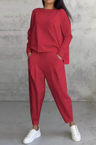 Red Casual Solid Color Pocket O Neck Long Sleeve Two Pieces