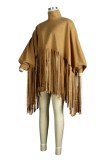 Army Green Casual Solid Color Fringed Trim Turtleneck Tops