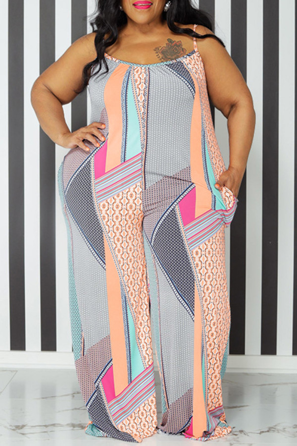 Tangerine Red Casual Print Pocket Patchwork Spaghetti Strap Plus Size Jumpsuits